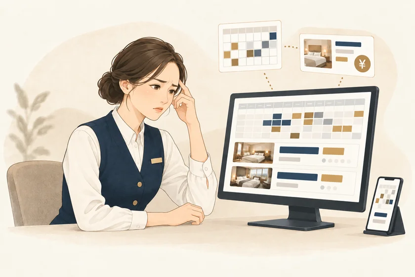 予約や料金の管理画面を前に、こめかみに手を添えて悩む宿泊施設の担当者